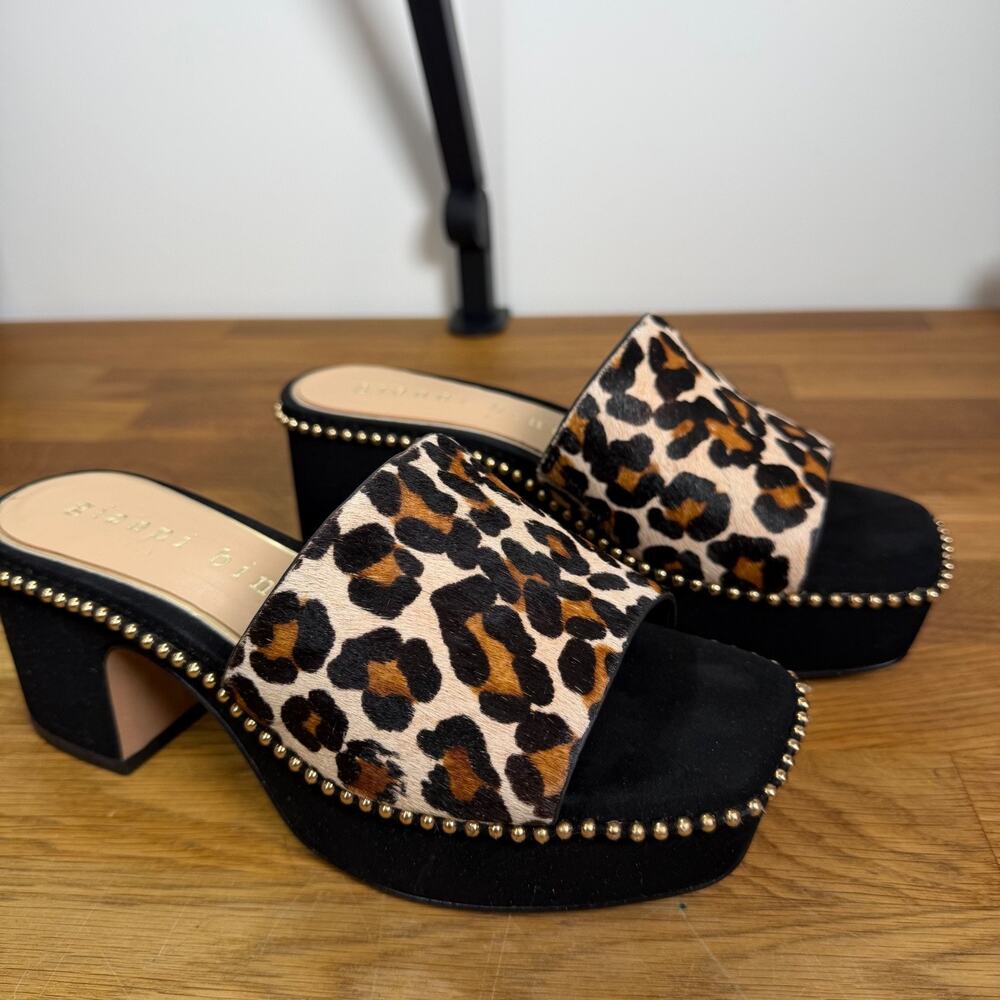 Gianni Bini Womens 6 Calfhair Leopard Platforms Sandals Studded Block Heels Shoe - Picture 2 of 11